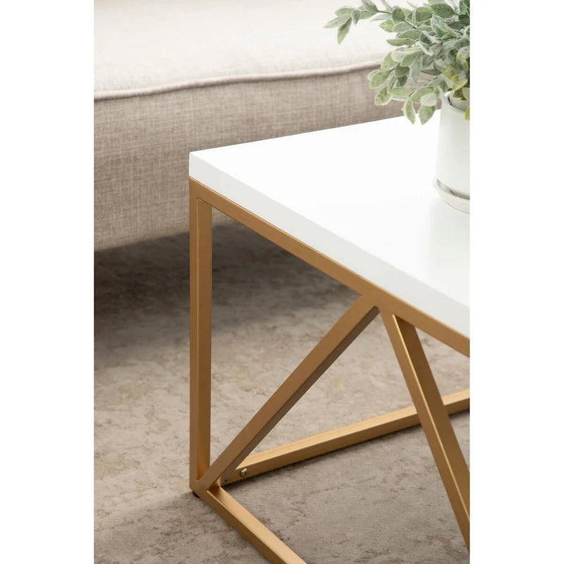 Tavolino da Caffè Quadrato Bianco/Oro, Stile Geometrico Moderno, Uso Singolo