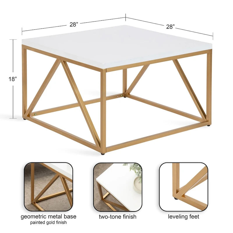 Tavolino da Caffè Quadrato Bianco/Oro, Stile Geometrico Moderno, Uso Singolo