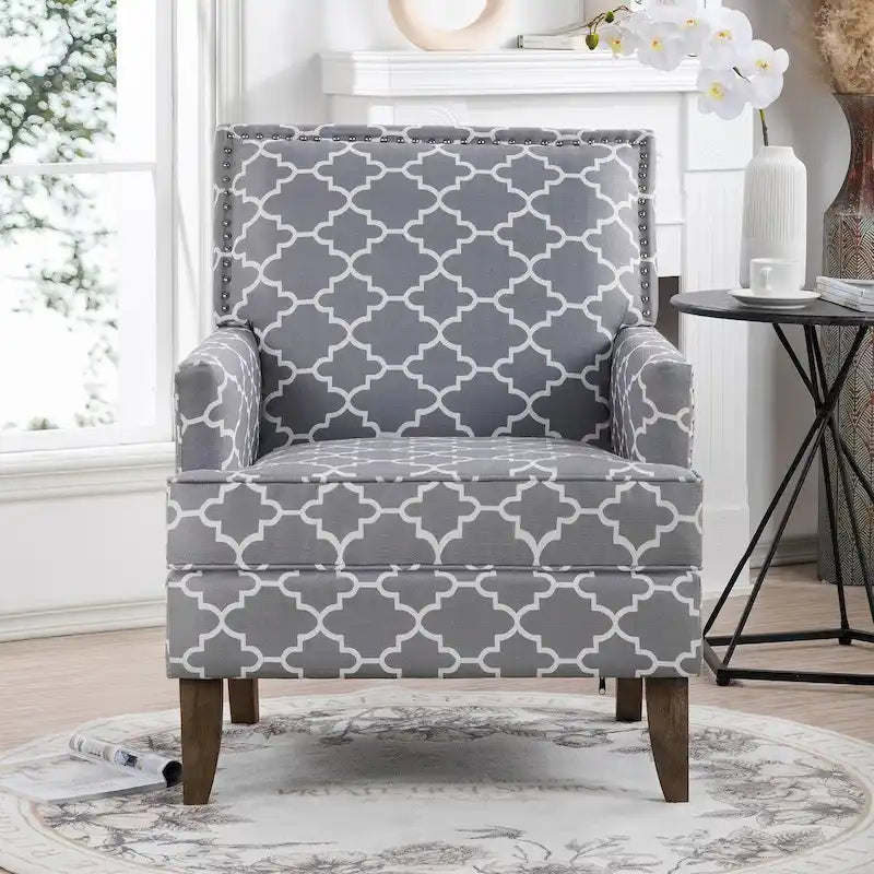 Poltrona d'accento in tessuto grigio misto/beige+giallo con gambe in legno, seduta singola