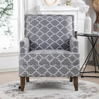 Poltrona d'accento in tessuto grigio misto/beige+giallo con gambe in legno, seduta singola