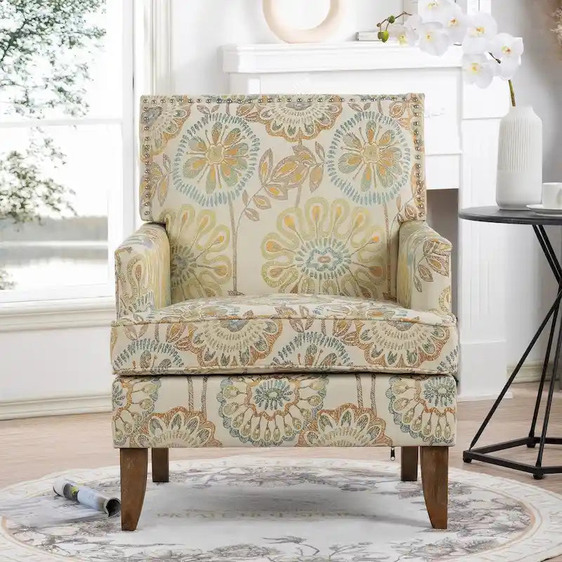 Poltrona d'accento in tessuto grigio misto/beige+giallo con gambe in legno, seduta singola