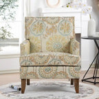 Poltrona d'accento in tessuto grigio misto/beige+giallo con gambe in legno, seduta singola
