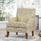 Poltrona d'accento in tessuto grigio misto/beige+giallo con gambe in legno, seduta singola