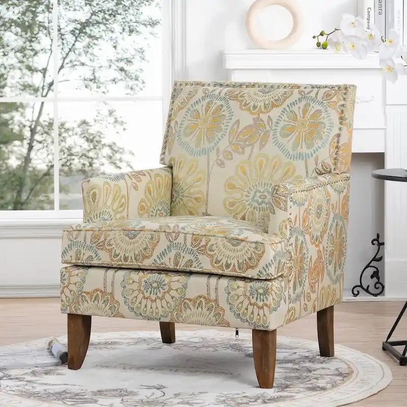 Poltrona d'accento in tessuto grigio misto/beige+giallo con gambe in legno, seduta singola