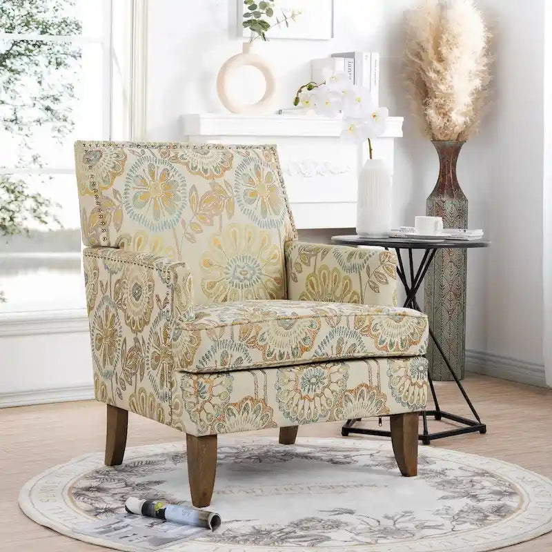 Poltrona d'accento in tessuto grigio misto/beige+giallo con gambe in legno, seduta singola