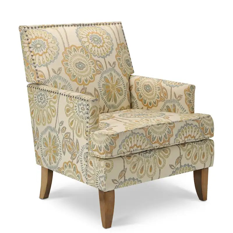 Poltrona d'accento in tessuto grigio misto/beige+giallo con gambe in legno, seduta singola