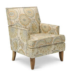 Poltrona d'accento in tessuto grigio misto/beige+giallo con gambe in legno, seduta singola
