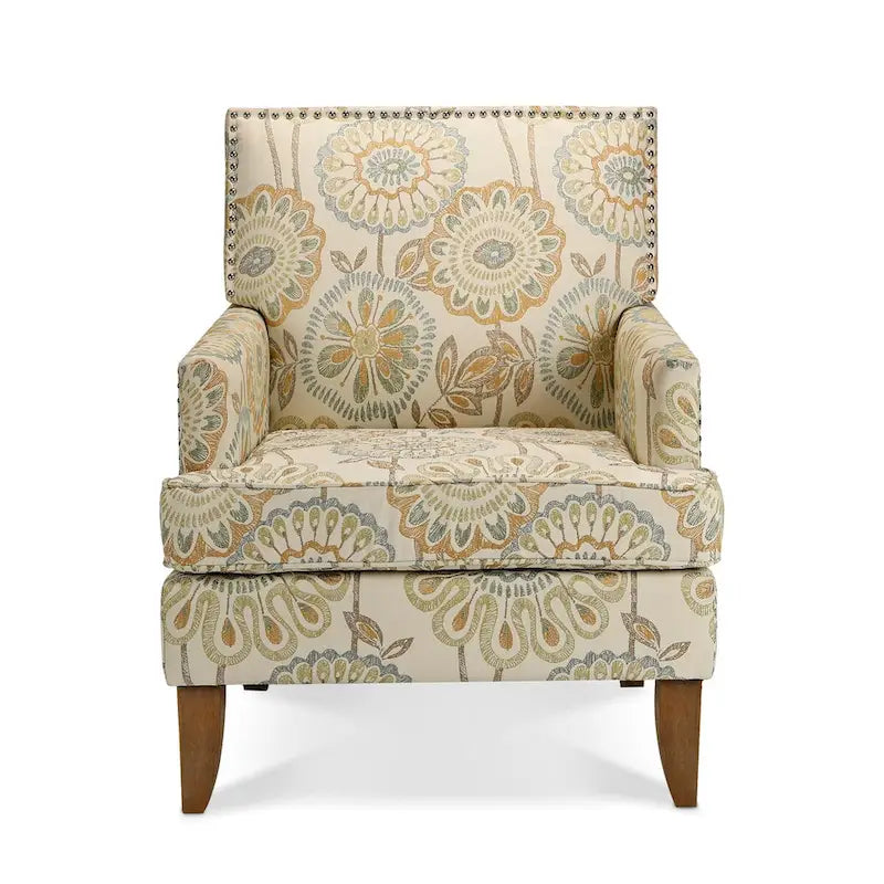 Poltrona d'accento in tessuto grigio misto/beige+giallo con gambe in legno, seduta singola