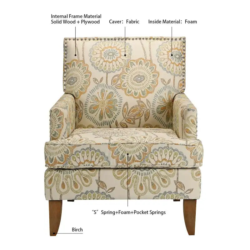 Poltrona d'accento in tessuto grigio misto/beige+giallo con gambe in legno, seduta singola