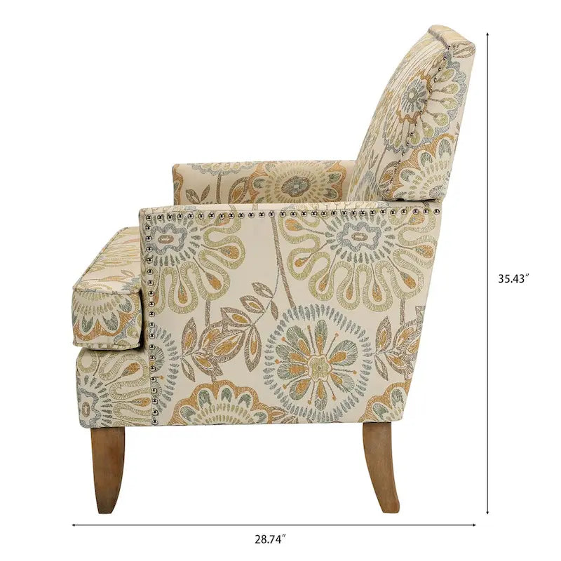 Poltrona d'accento in tessuto grigio misto/beige+giallo con gambe in legno, seduta singola