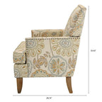 Poltrona d'accento in tessuto grigio misto/beige+giallo con gambe in legno, seduta singola