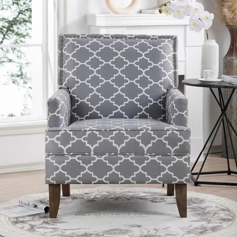 Poltrona d'accento in tessuto grigio misto/beige+giallo con gambe in legno, seduta singola