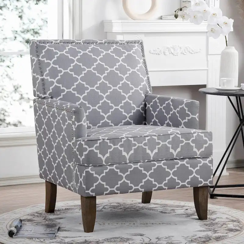 Poltrona d'accento in tessuto grigio misto/beige+giallo con gambe in legno, seduta singola