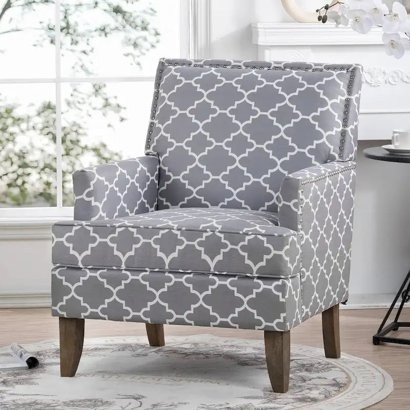 Poltrona d'accento in tessuto grigio misto/beige+giallo con gambe in legno, seduta singola