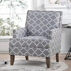Poltrona d'accento in tessuto grigio misto/beige+giallo con gambe in legno, seduta singola