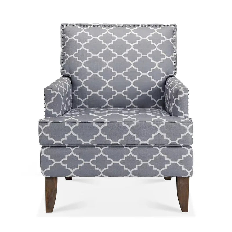 Poltrona d'accento in tessuto grigio misto/beige+giallo con gambe in legno, seduta singola