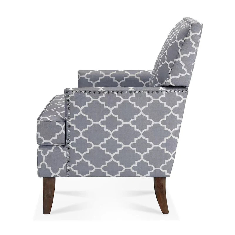 Poltrona d'accento in tessuto grigio misto/beige+giallo con gambe in legno, seduta singola