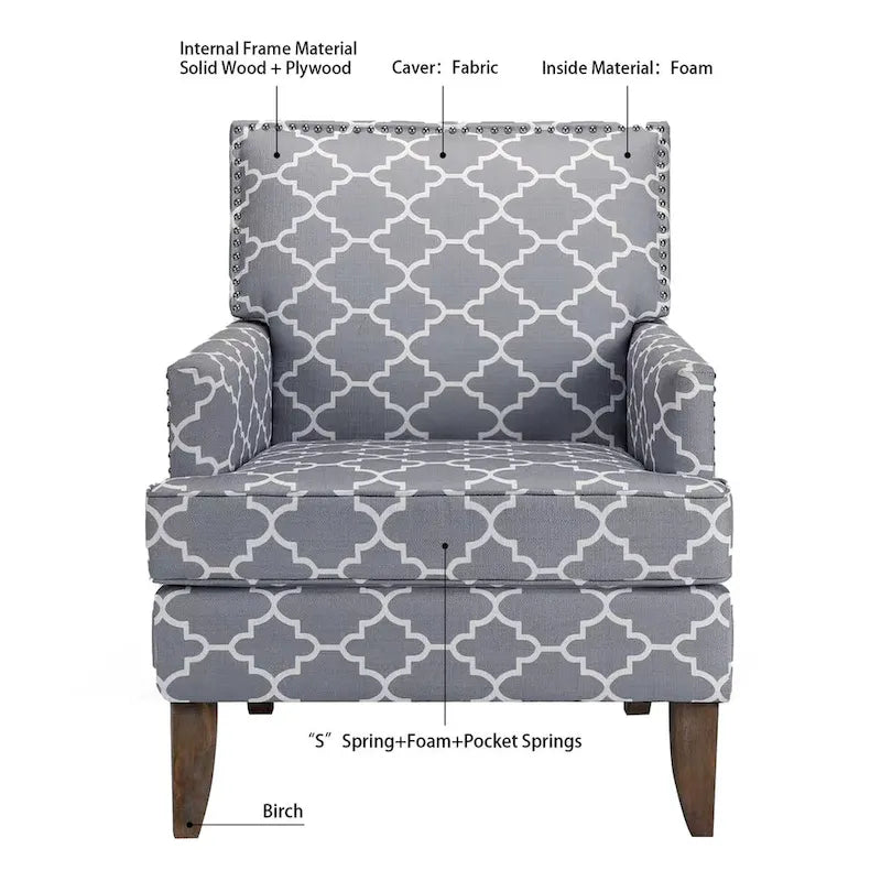 Poltrona d'accento in tessuto grigio misto/beige+giallo con gambe in legno, seduta singola