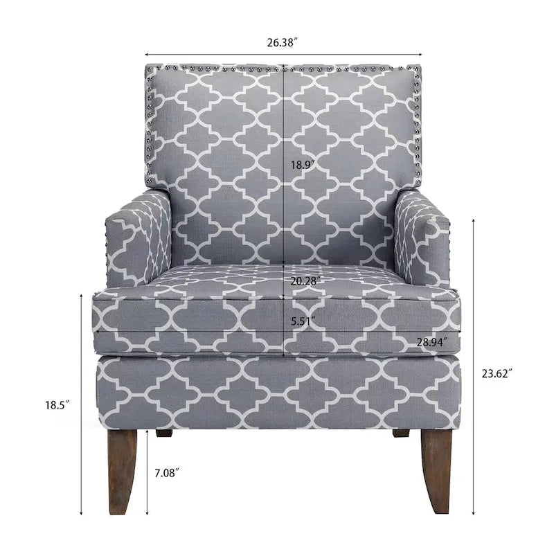 Poltrona d'accento in tessuto grigio misto/beige+giallo con gambe in legno, seduta singola