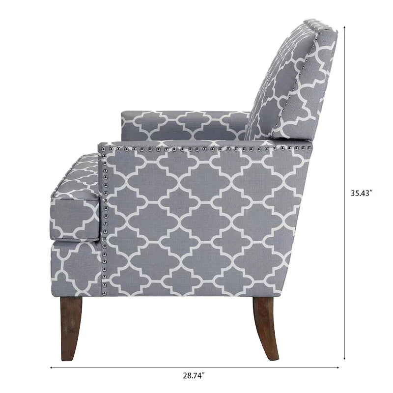 Poltrona d'accento in tessuto grigio misto/beige+giallo con gambe in legno, seduta singola